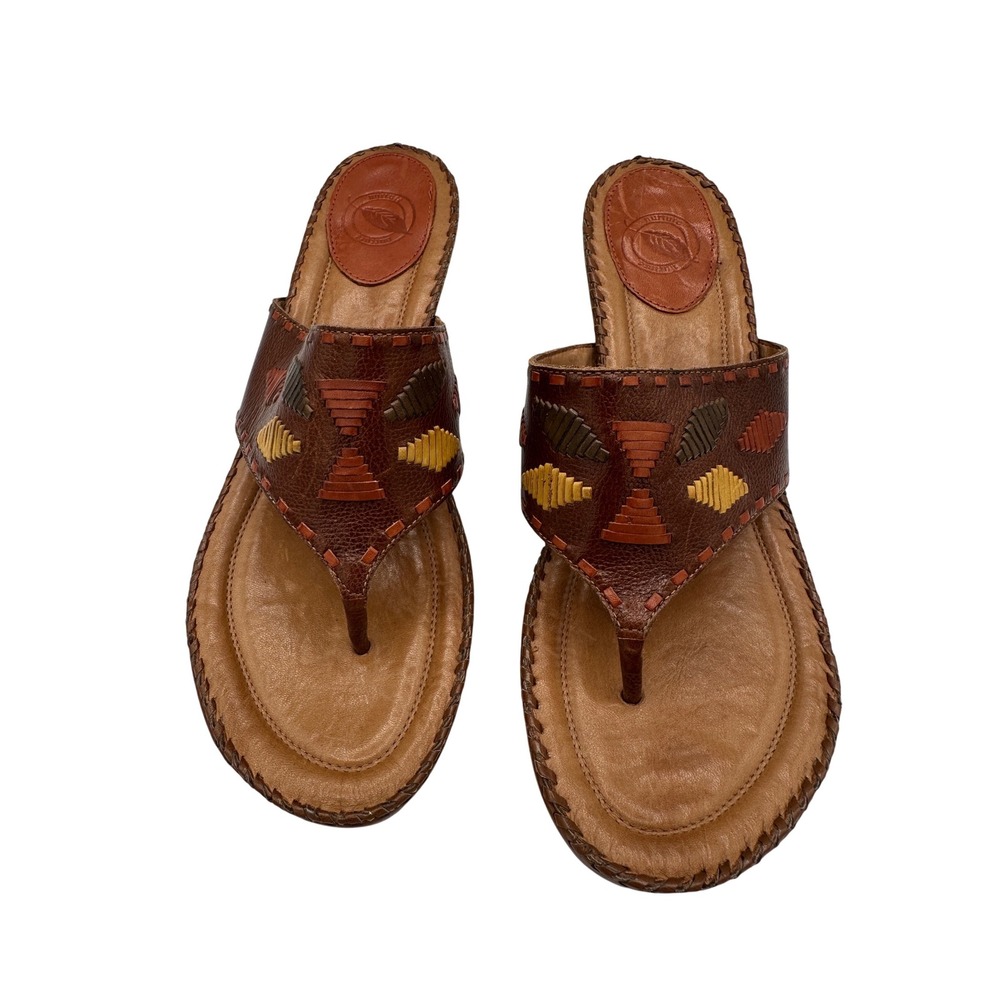 Nurture Leather Thong Sandals Heeled Slides Geometric Brown Sz‎ 9.5M